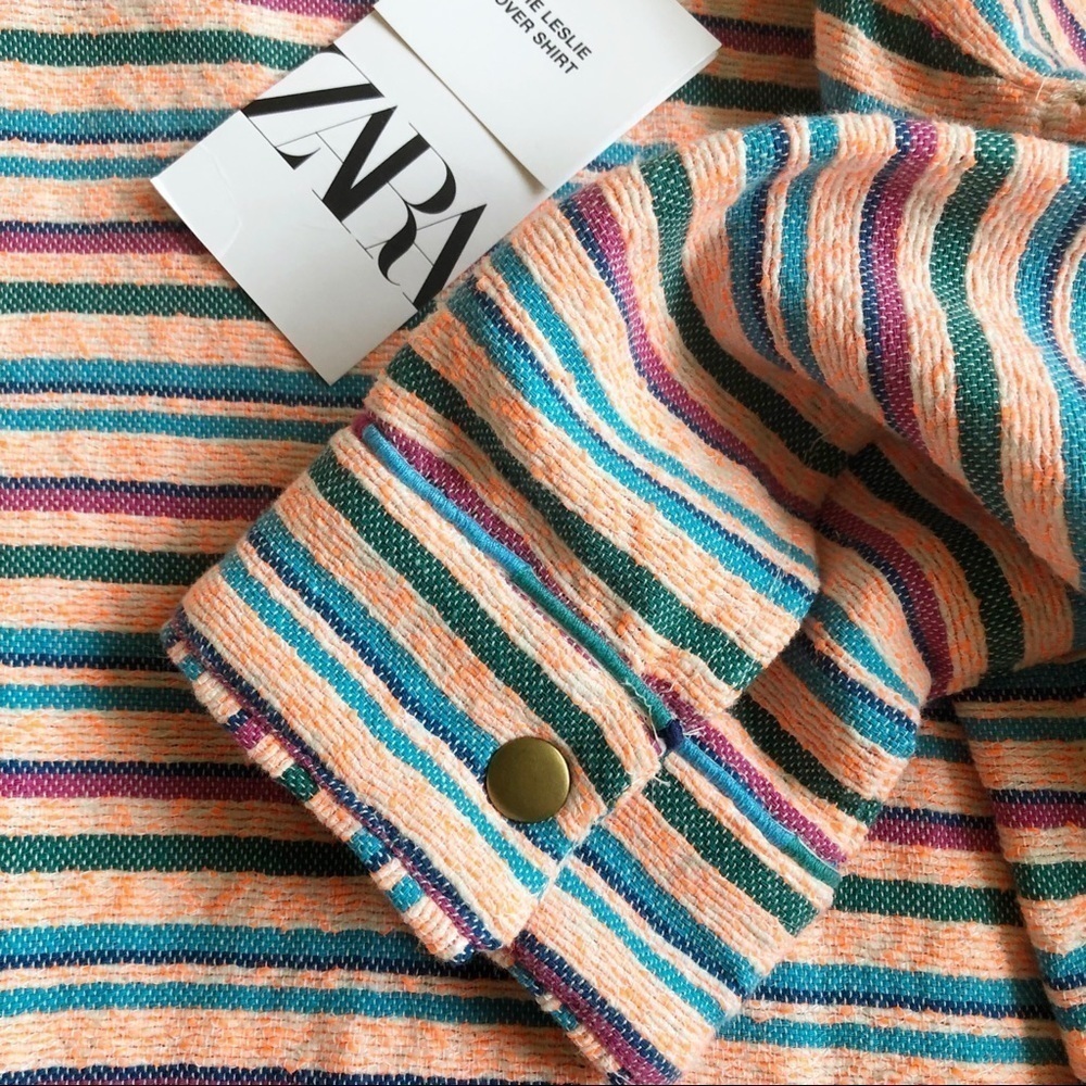 ZARA NWT “Leslie” Striped Shirt Jacket Size Medium in Bright Pink Multi - Picture 14 of 15